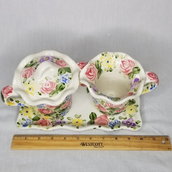English Garden Creamer Sugar with Lid & Tray Set Tabletops Unlimited Don Swanson - Picture 10 of 13